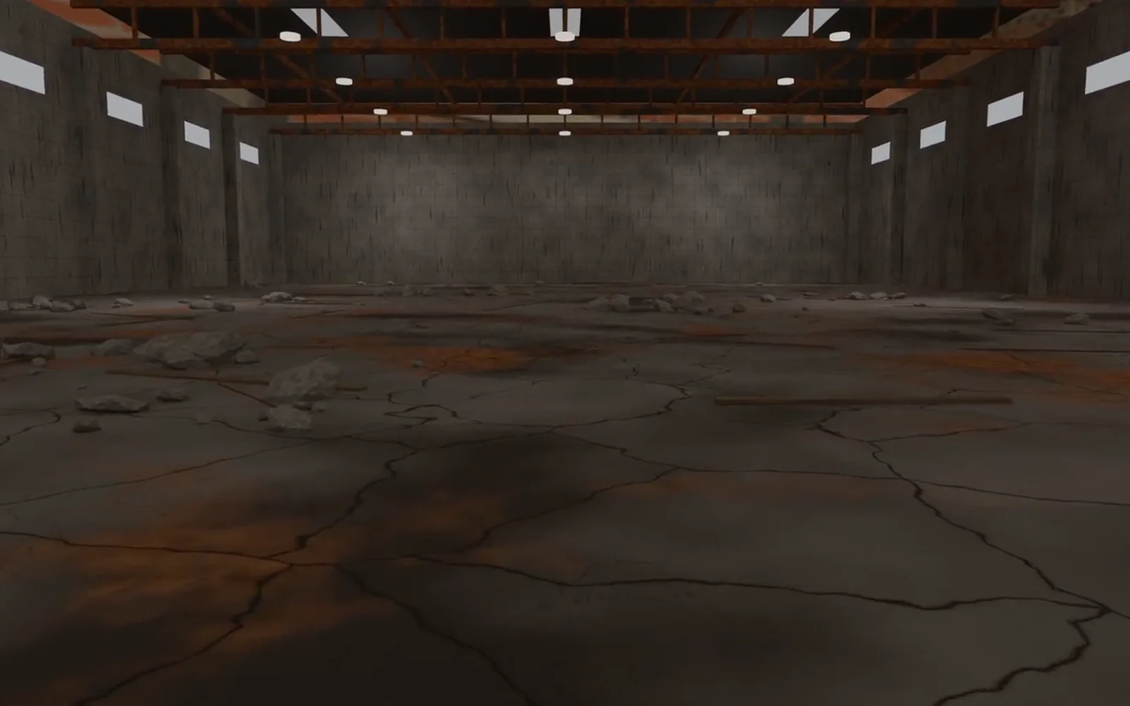 Çatlamış eski depo zemini; Blender ile hazırlanmış uygulama animasyonundan bir kare