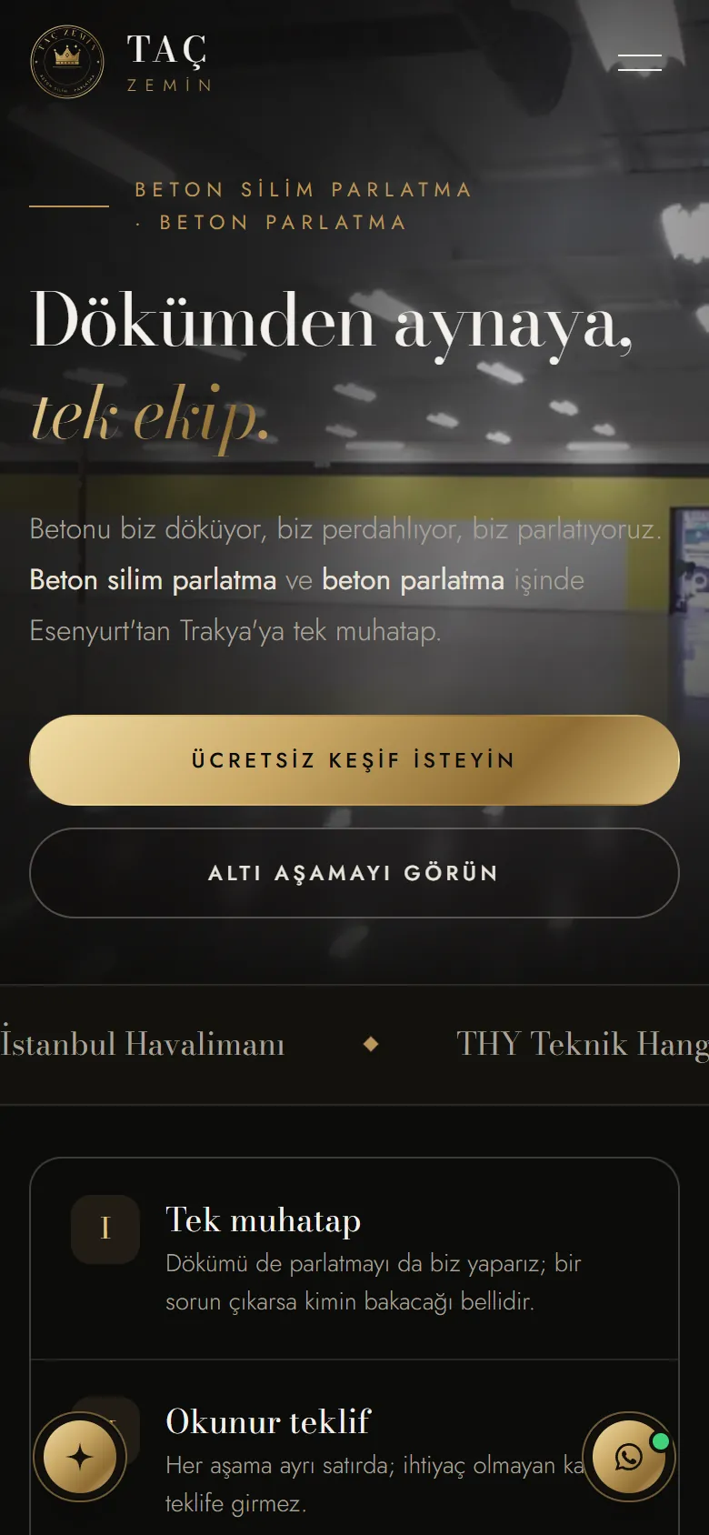 TAÇ Zemin web sitesi mobil görünümü